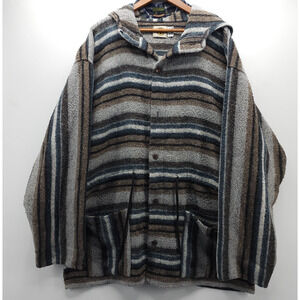 Earth Ragz Baja Jacket Buttons Mens XL Striped Pockets Hooded Mexican Blanket
